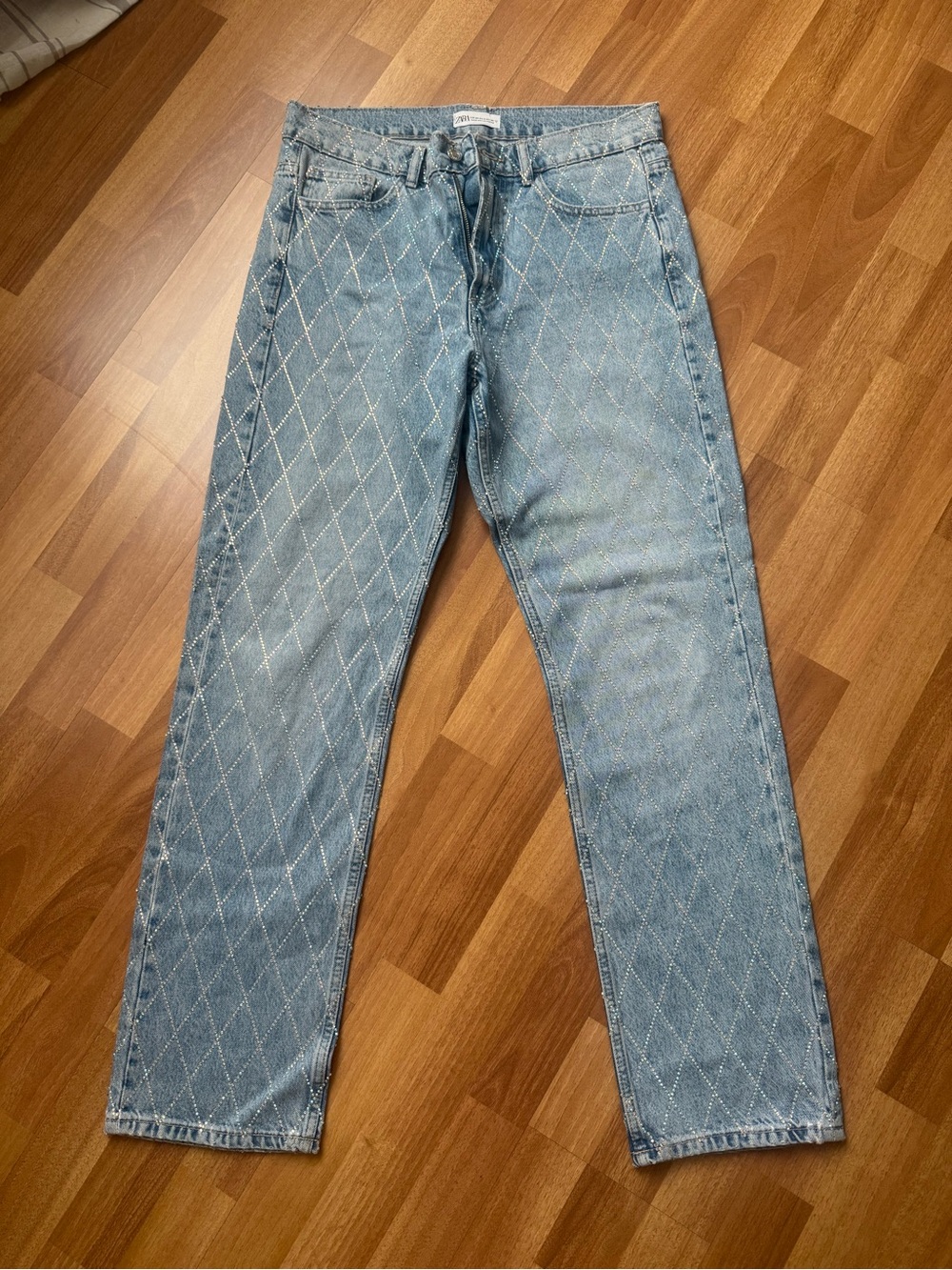 Zara Light Blue Quilted-Pattern Jeans